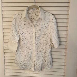 Anne Fontaine White Circular Eyelet 3/4 Sleeve Embellished Button Down Shirt